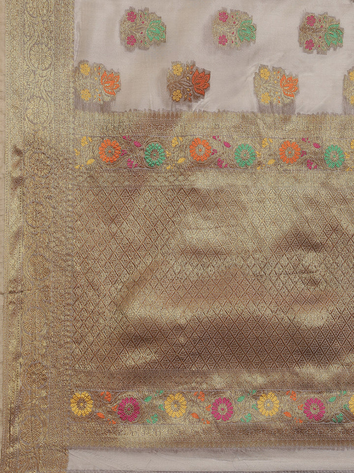 Grey Chanderi Brocade Traditional Saree with Meenakari Floral Motifs