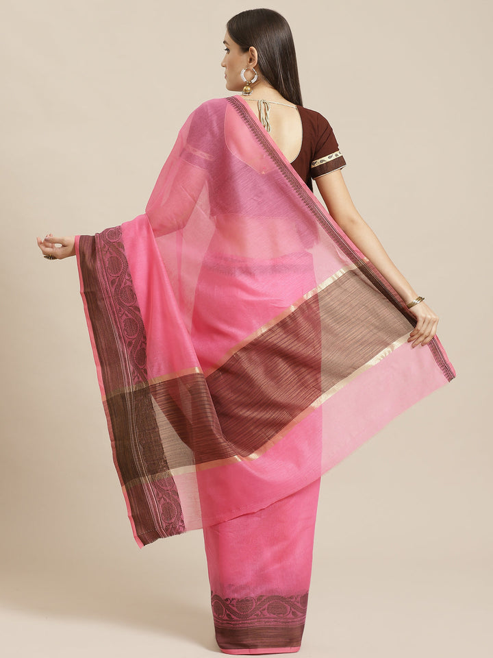 Rose Pink Banarasi Chanderi Saree with Oxidised Resham Weaving Ethnic Floral Border