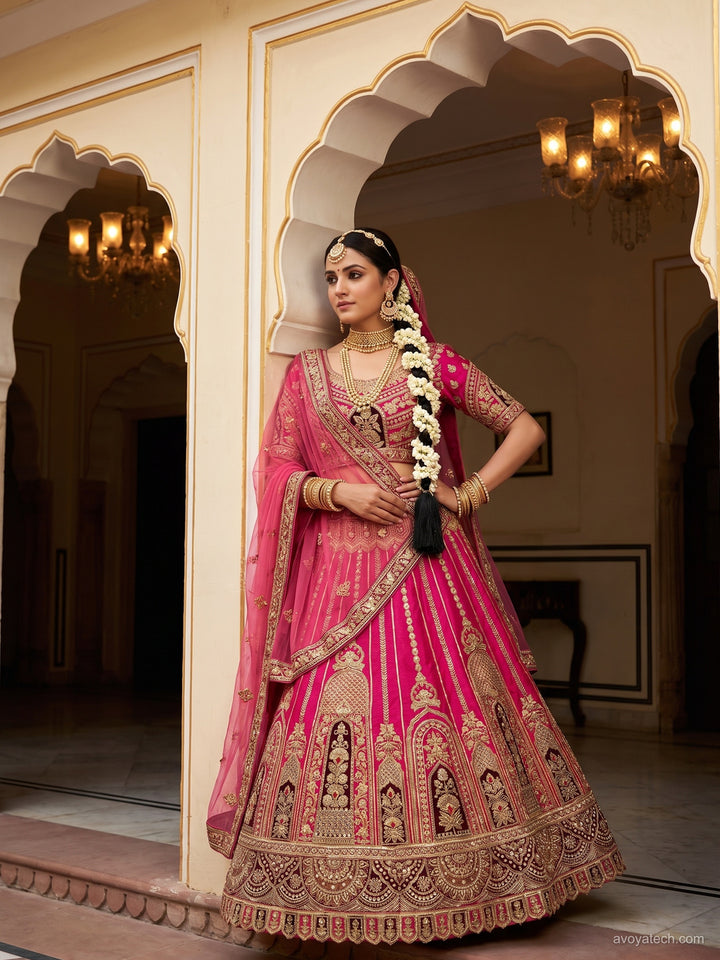 Pink Zari Embroidered Bridal Lehenga Choli with Palace Motif