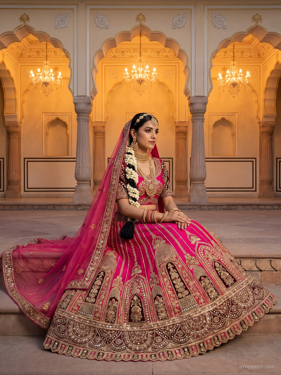 Pink Zari Embroidered Bridal Lehenga Choli with Palace Motif
