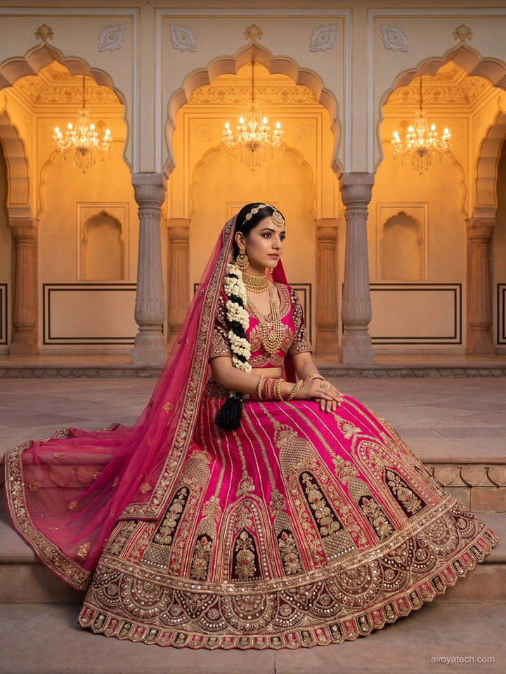Pink Zari Embroidered Bridal Lehenga Choli with Palace Motif