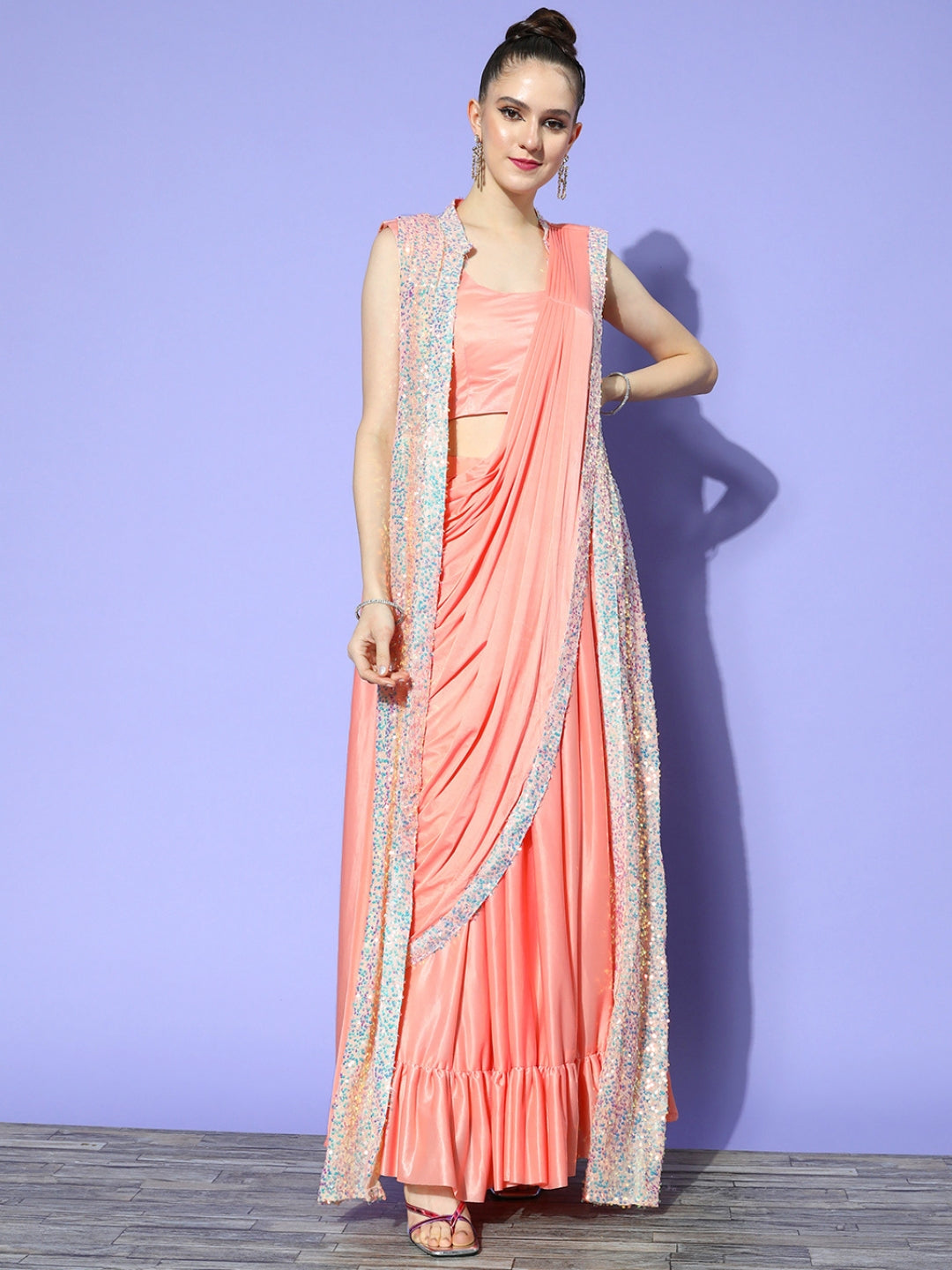Draped Peach Lycra Sequence Ruffled Saree & Embellished Jacket