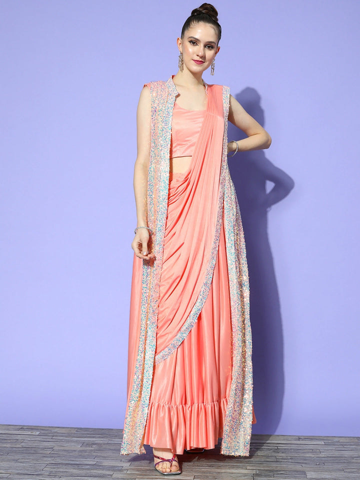 Draped Peach Lycra Sequence Ruffled Saree & Embellished Jacket