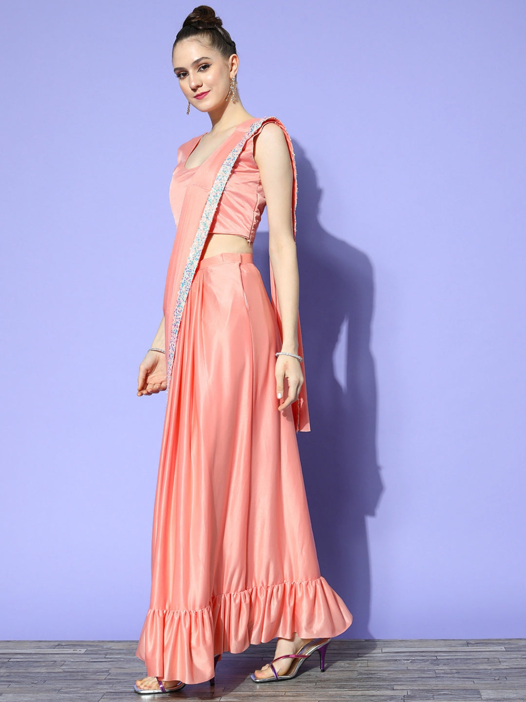 Draped Peach Lycra Sequence Ruffled Saree & Embellished Jacket