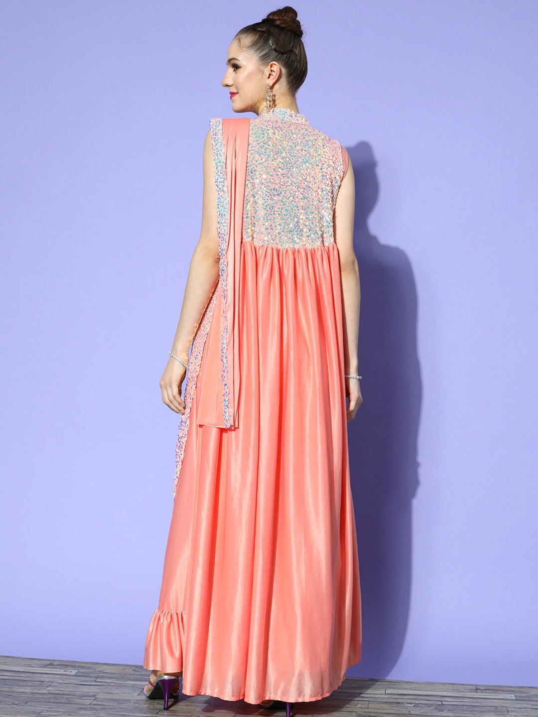 Draped Peach Lycra Sequence Ruffled Saree & Embellished Jacket