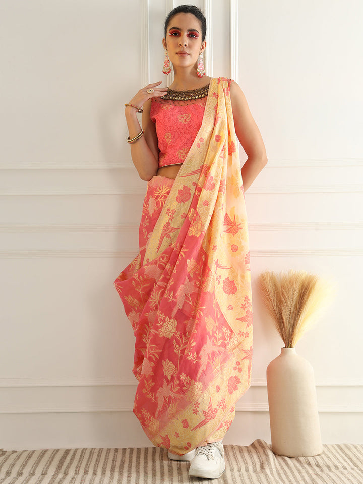 Cotton Silk Saree with Intricate Resham woven Floral and Bird Motifs