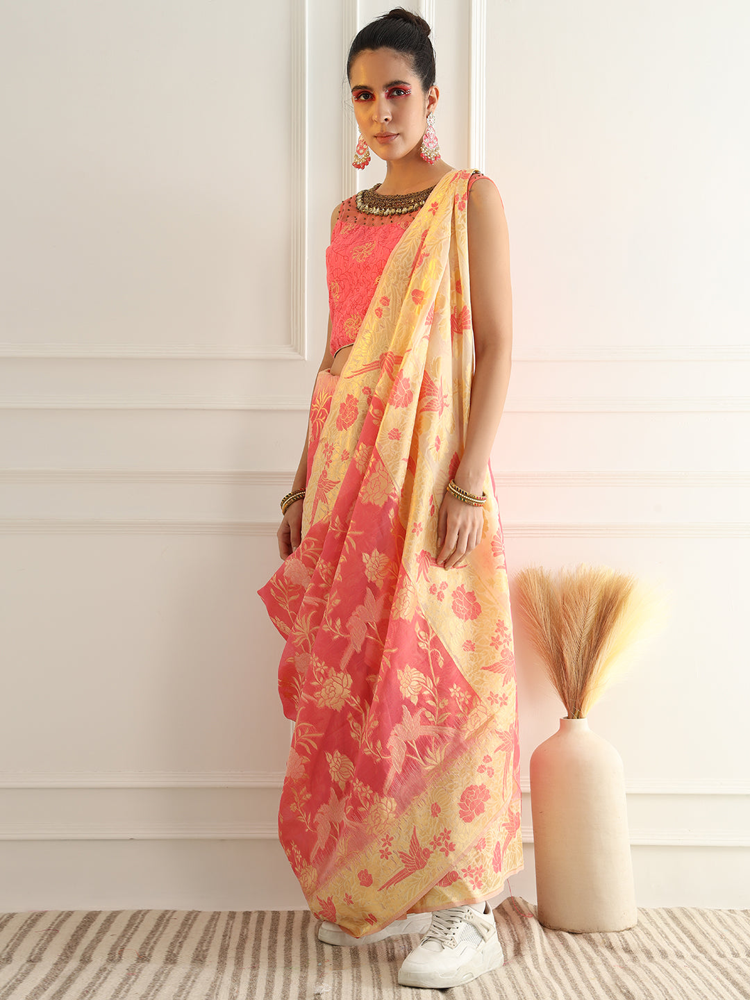 Cotton Silk Saree with Intricate Resham woven Floral and Bird Motifs