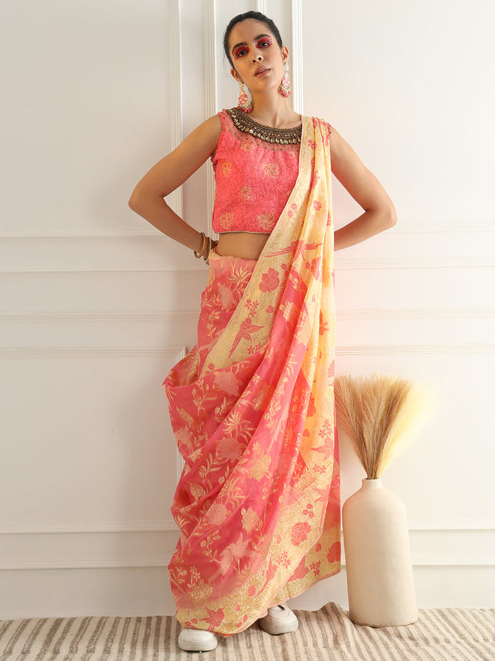 Cotton Silk Saree with Intricate Resham woven Floral and Bird Motifs