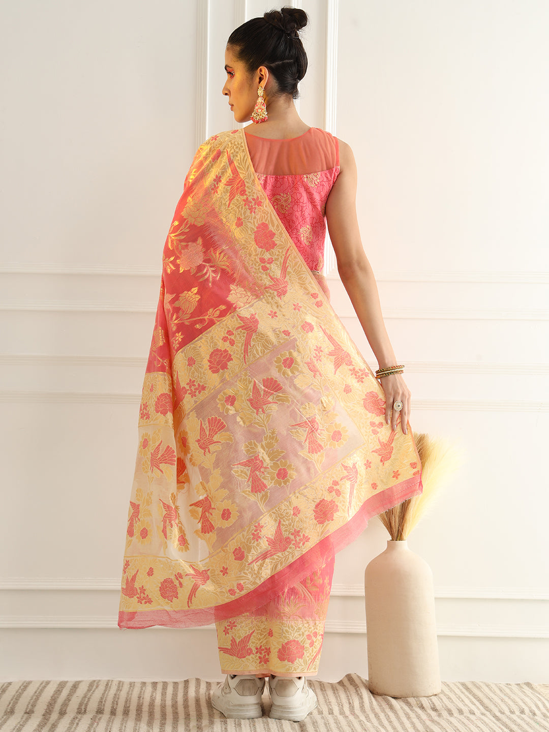 Cotton Silk Saree with Intricate Resham woven Floral and Bird Motifs