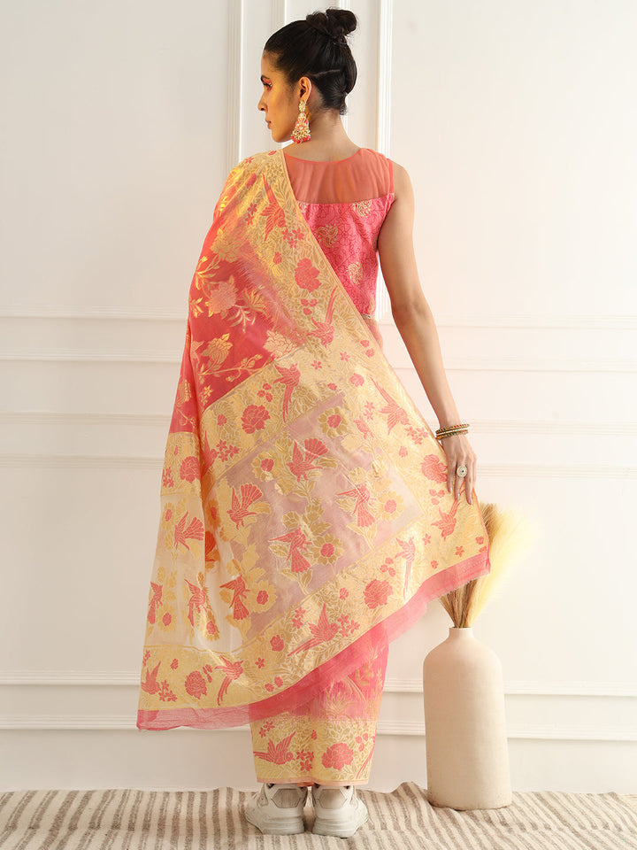 Cotton Silk Saree with Intricate Resham woven Floral and Bird Motifs