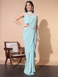 Chhabra 555 Pre-stitched Monotone Draped Saree with Pearl & Crystal Embroidered Necklace & Belt