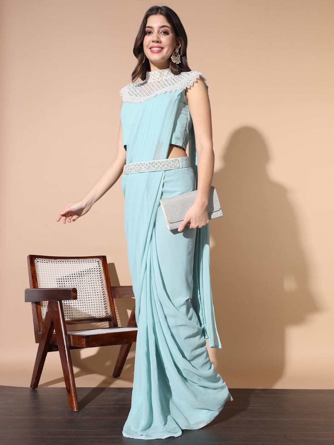 Monotone Draped Saree with Pearl & Crystal Embroidered Necklace & Belt