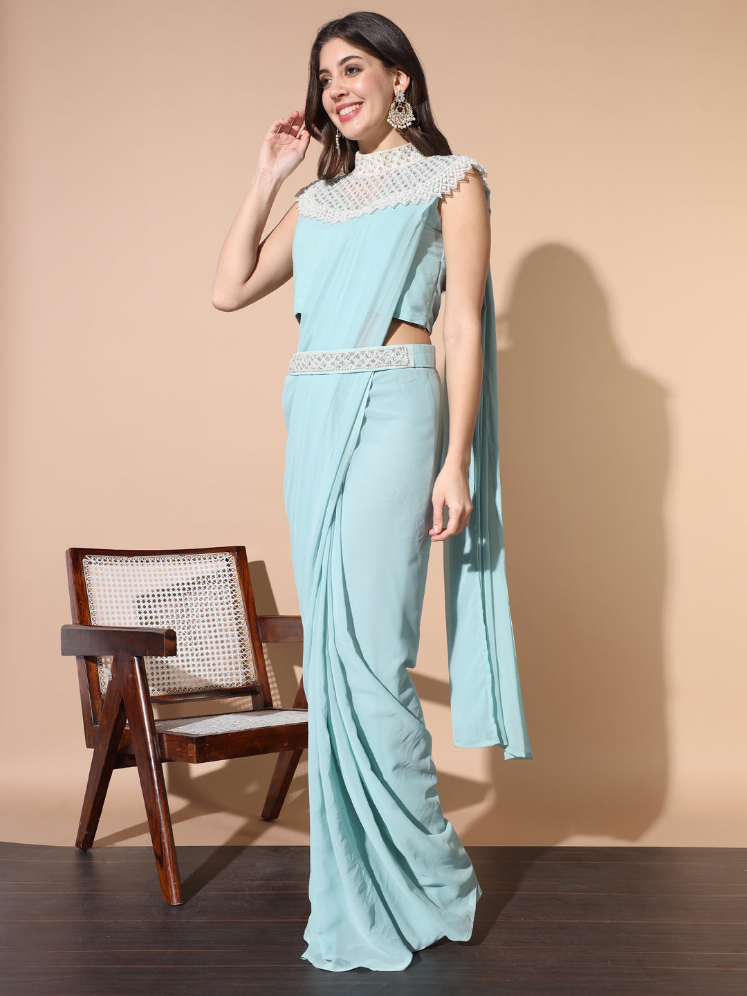 Monotone Draped Saree with Pearl & Crystal Embroidered Necklace & Belt