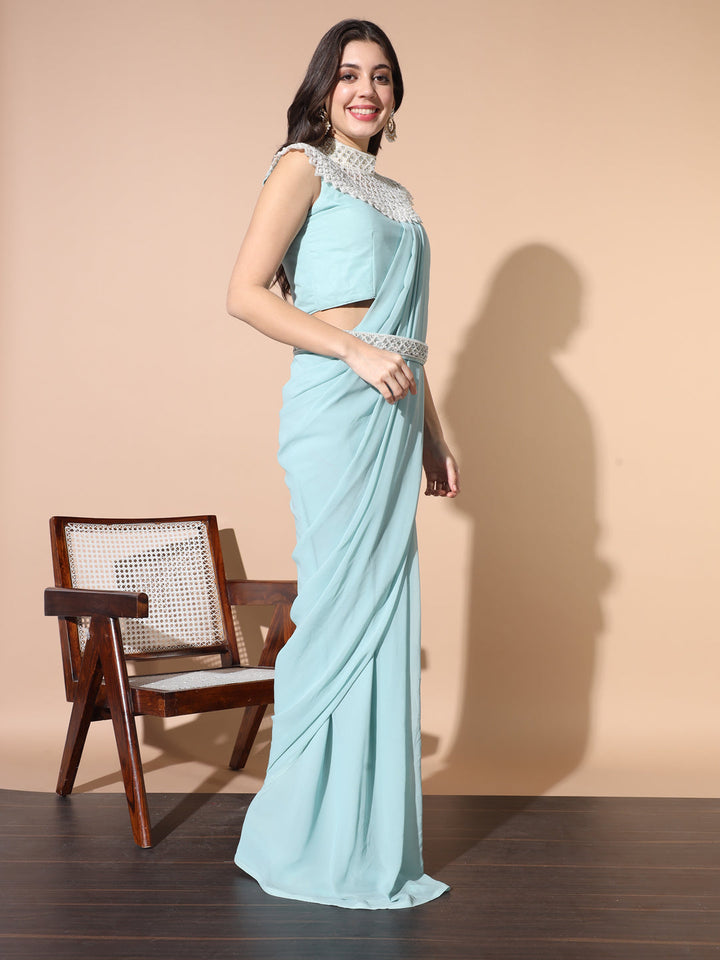 Monotone Draped Saree with Pearl & Crystal Embroidered Necklace & Belt