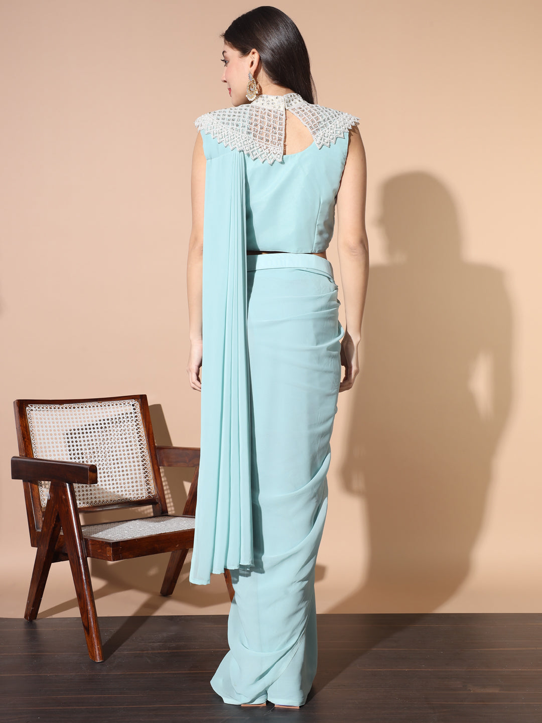 Monotone Draped Saree with Pearl & Crystal Embroidered Necklace & Belt