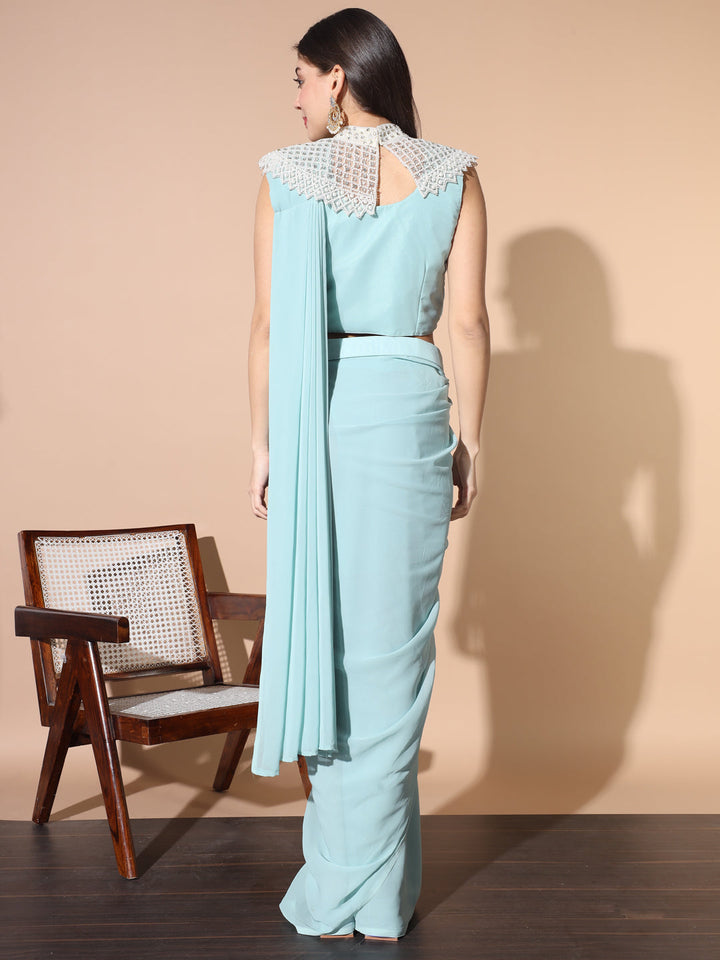 Monotone Draped Saree with Pearl & Crystal Embroidered Necklace & Belt