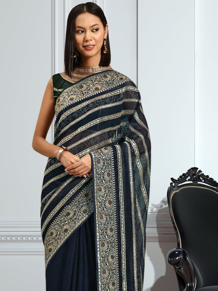 Blue Aari Embroidered & Swarovski Embellished Georgette Saree