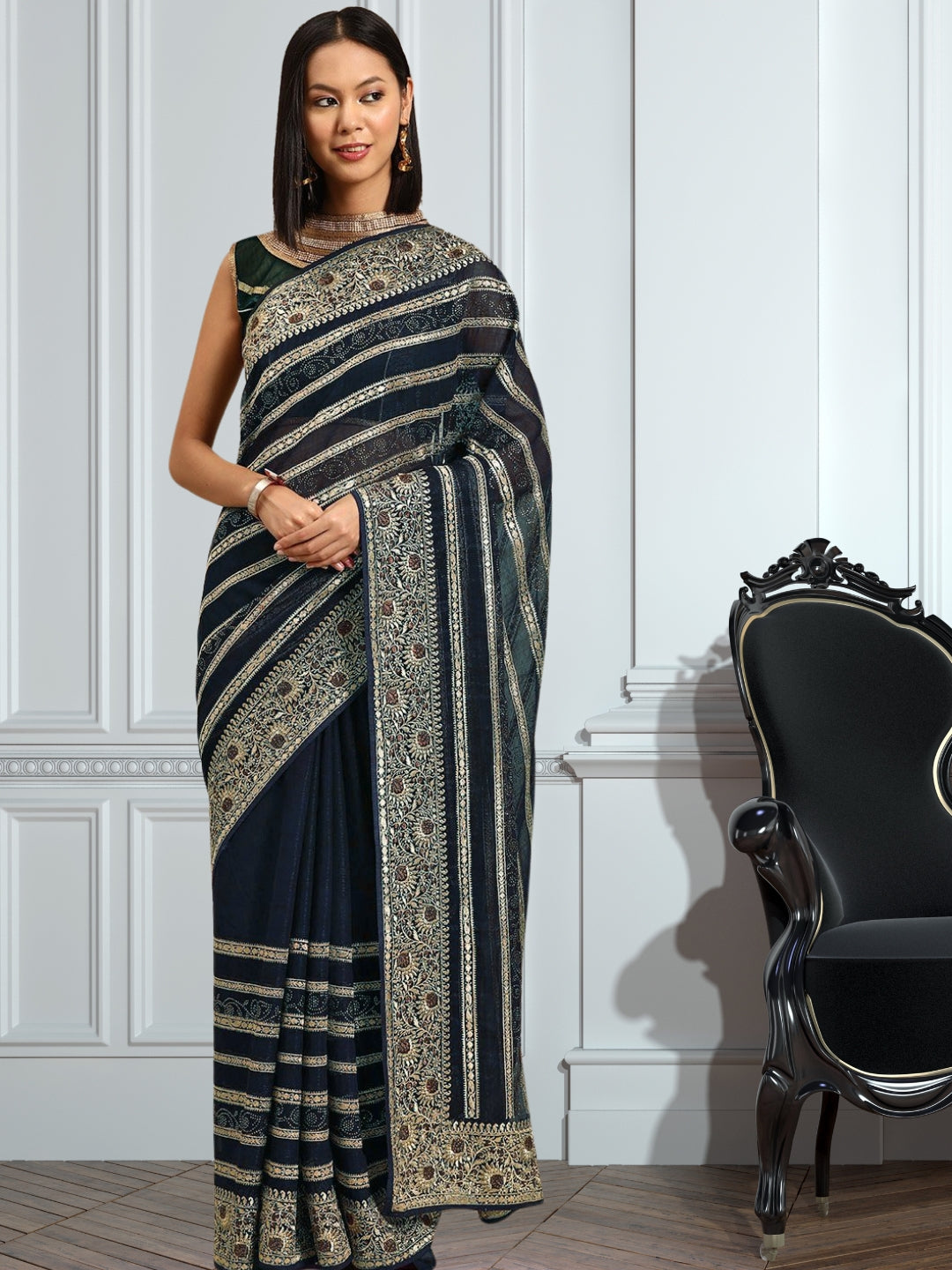 Blue Aari Embroidered & Swarovski Embellished Georgette Saree