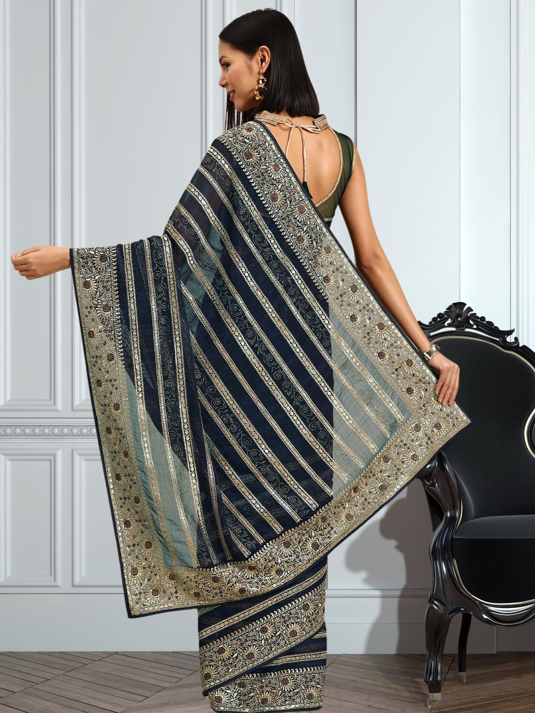 Blue Aari Embroidered & Swarovski Embellished Georgette Saree