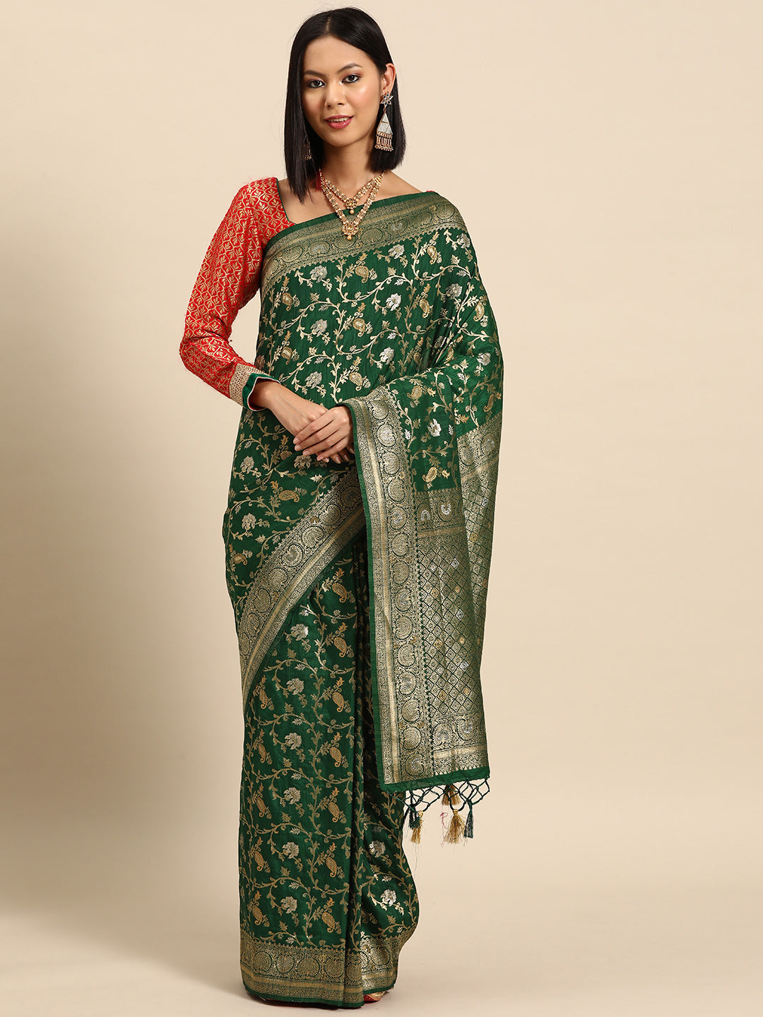 Bottle Green Floral & Paisley Zari Motifs Jute Silk Saree With Tassels