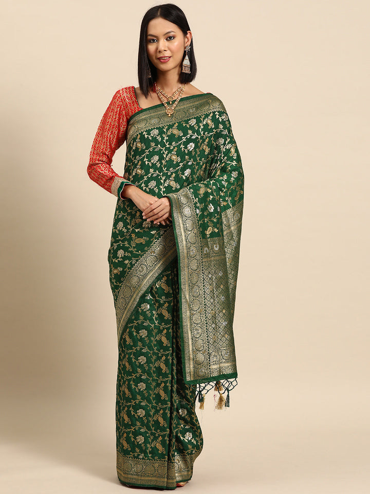 Bottle Green Floral & Paisley Zari Motifs Jute Silk Saree With Tassels