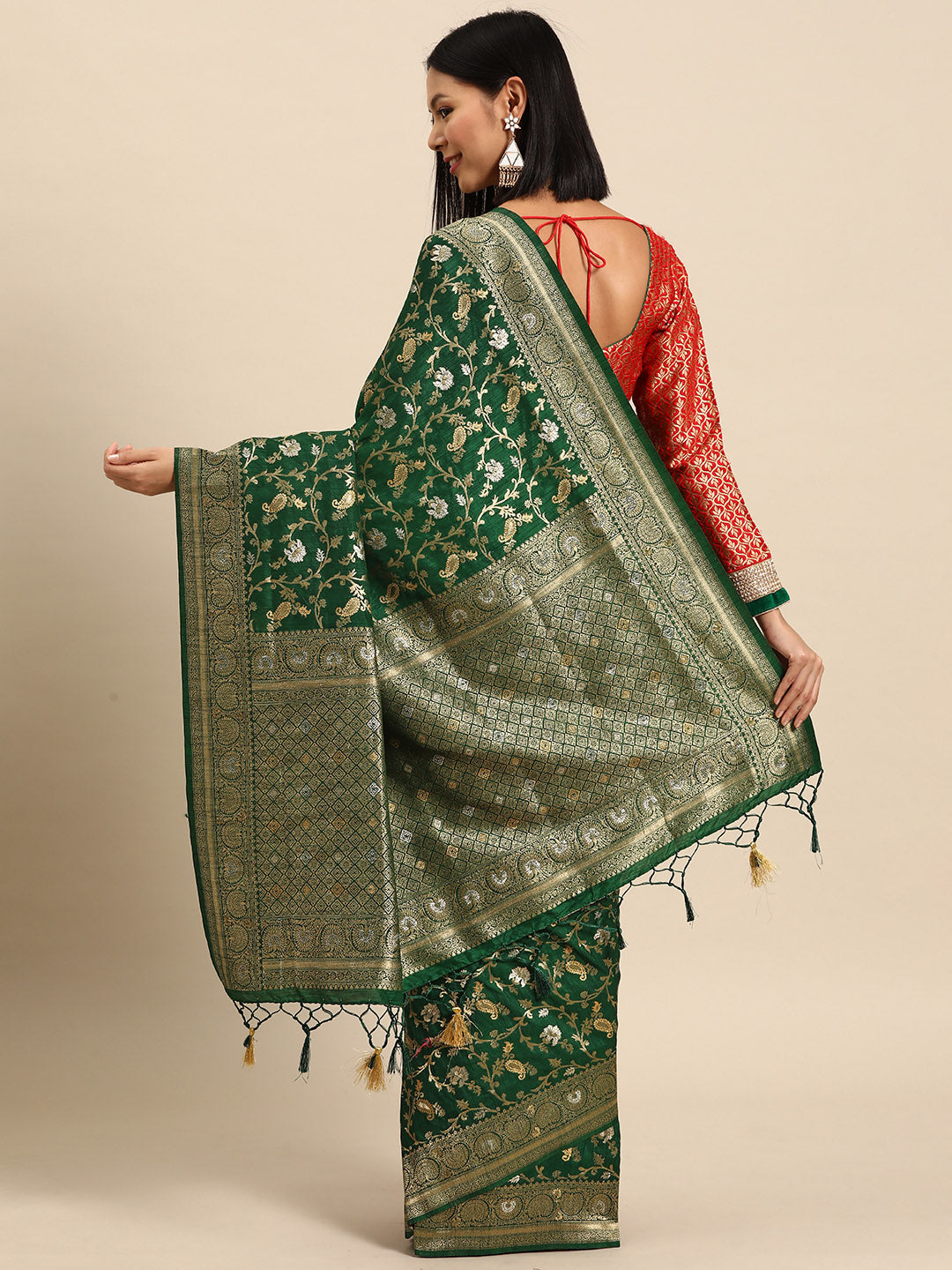 Bottle Green Floral & Paisley Zari Motifs Jute Silk Saree With Tassels