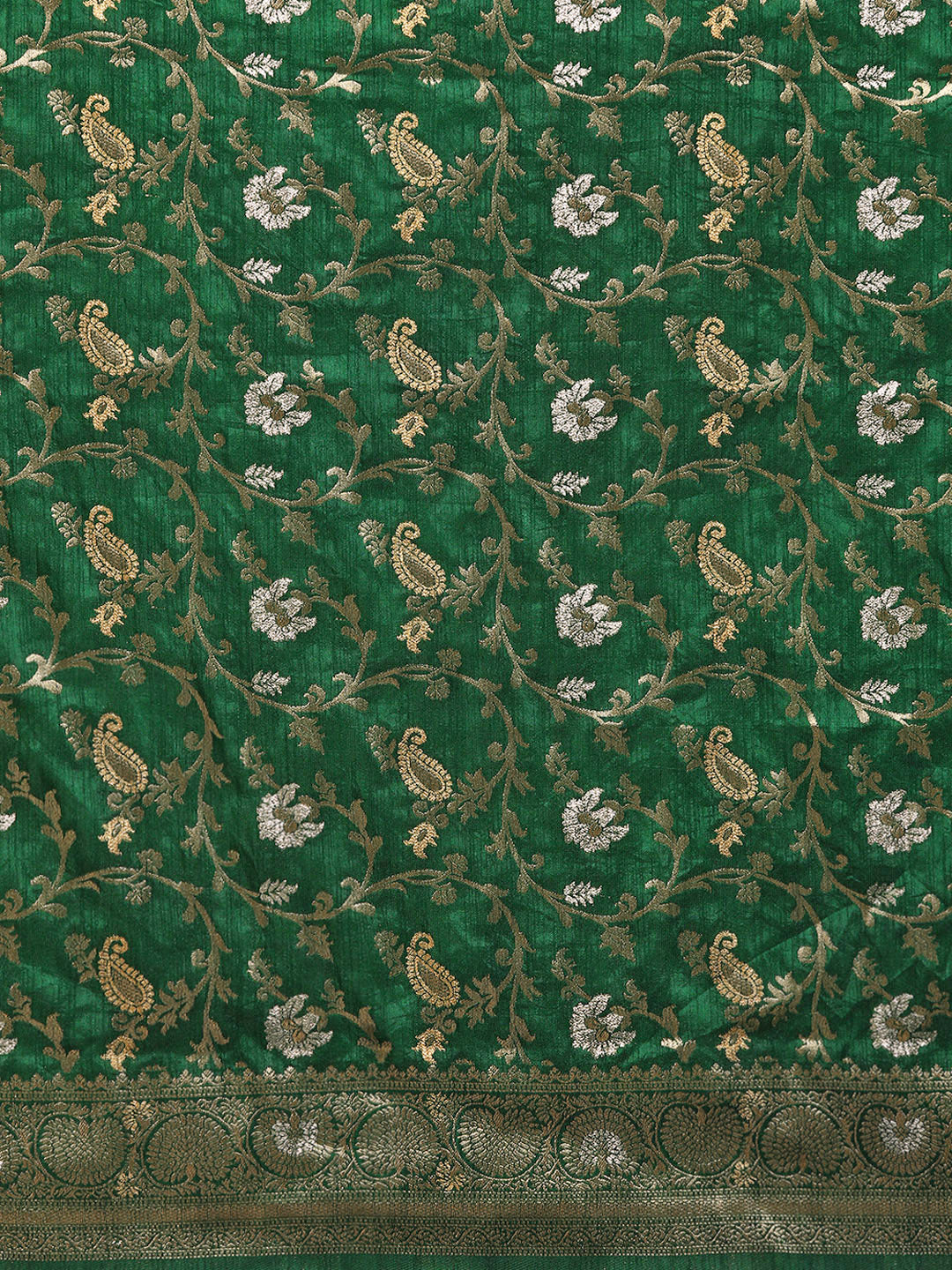 Bottle Green Floral & Paisley Zari Motifs Jute Silk Saree With Tassels