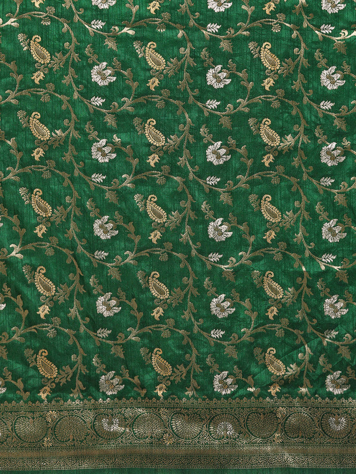 Bottle Green Floral & Paisley Zari Motifs Jute Silk Saree With Tassels
