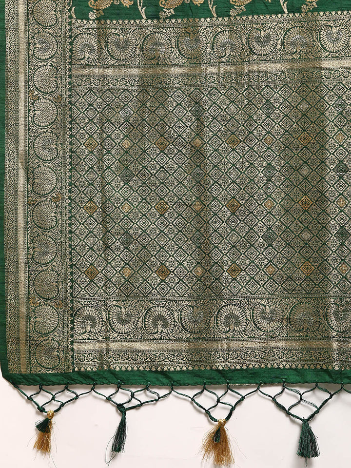 Bottle Green Floral & Paisley Zari Motifs Jute Silk Saree With Tassels