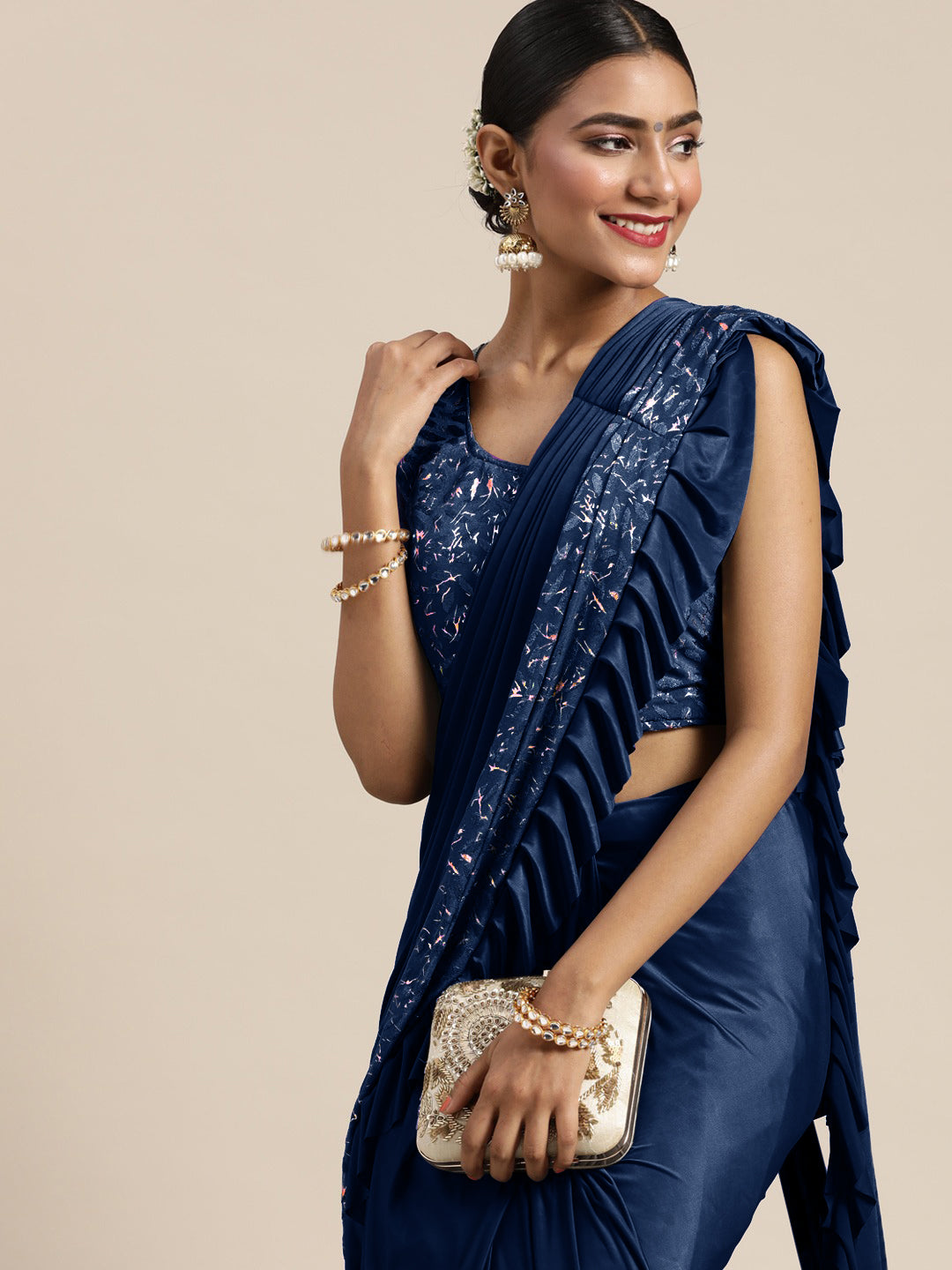 Pre-Draped Blue Ready to Wear Saree with Gold Foil print and Ruffles