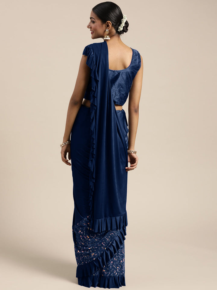 Pre-Draped Blue Ready to Wear Saree with Gold Foil print and Ruffles