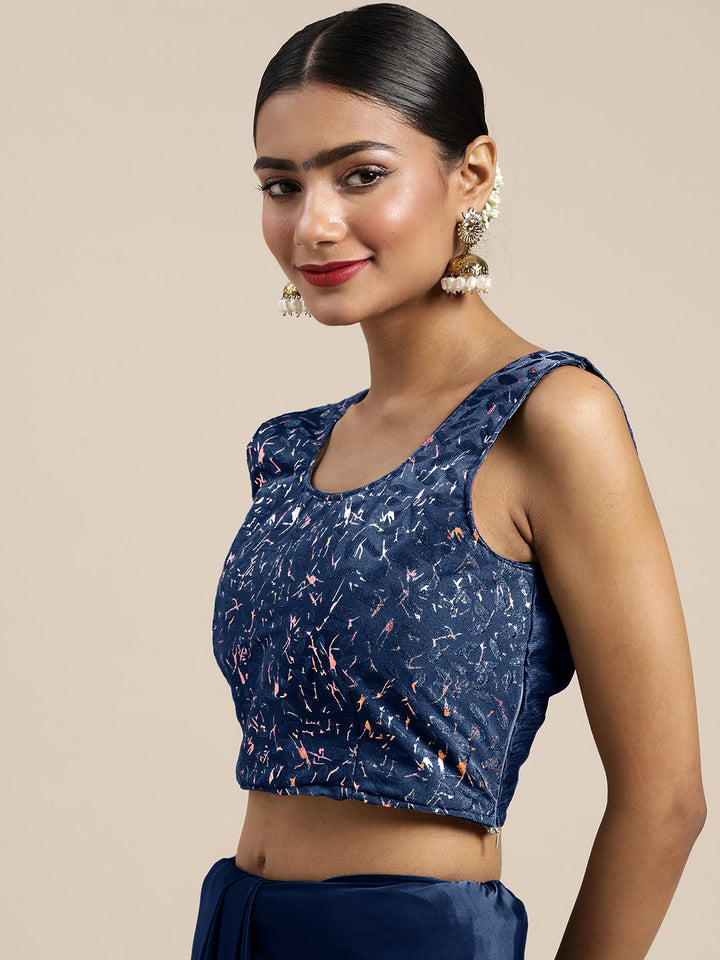 Pre-Draped Blue Ready to Wear Saree with Gold Foil print and Ruffles