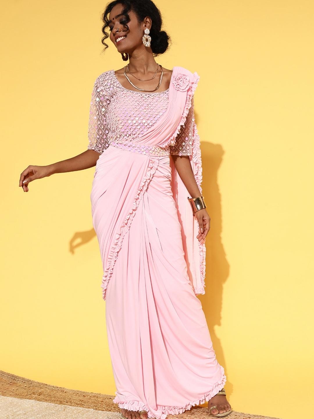 Ready to Wear Ruffled Belted Saree with Sequin Embellishments