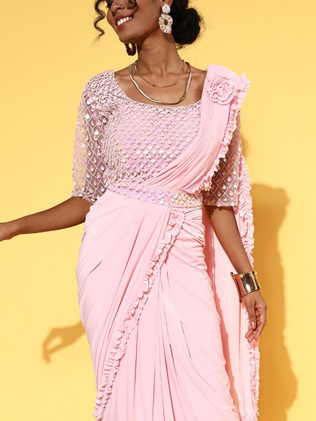 Ready to Wear Ruffled Belted Saree with Sequin Embellishments