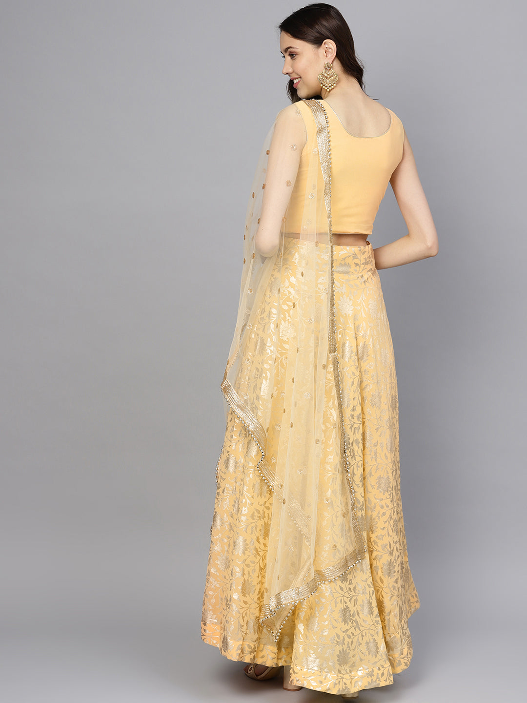 Pearl Embellished Crop Top with Foil Print Lehenga