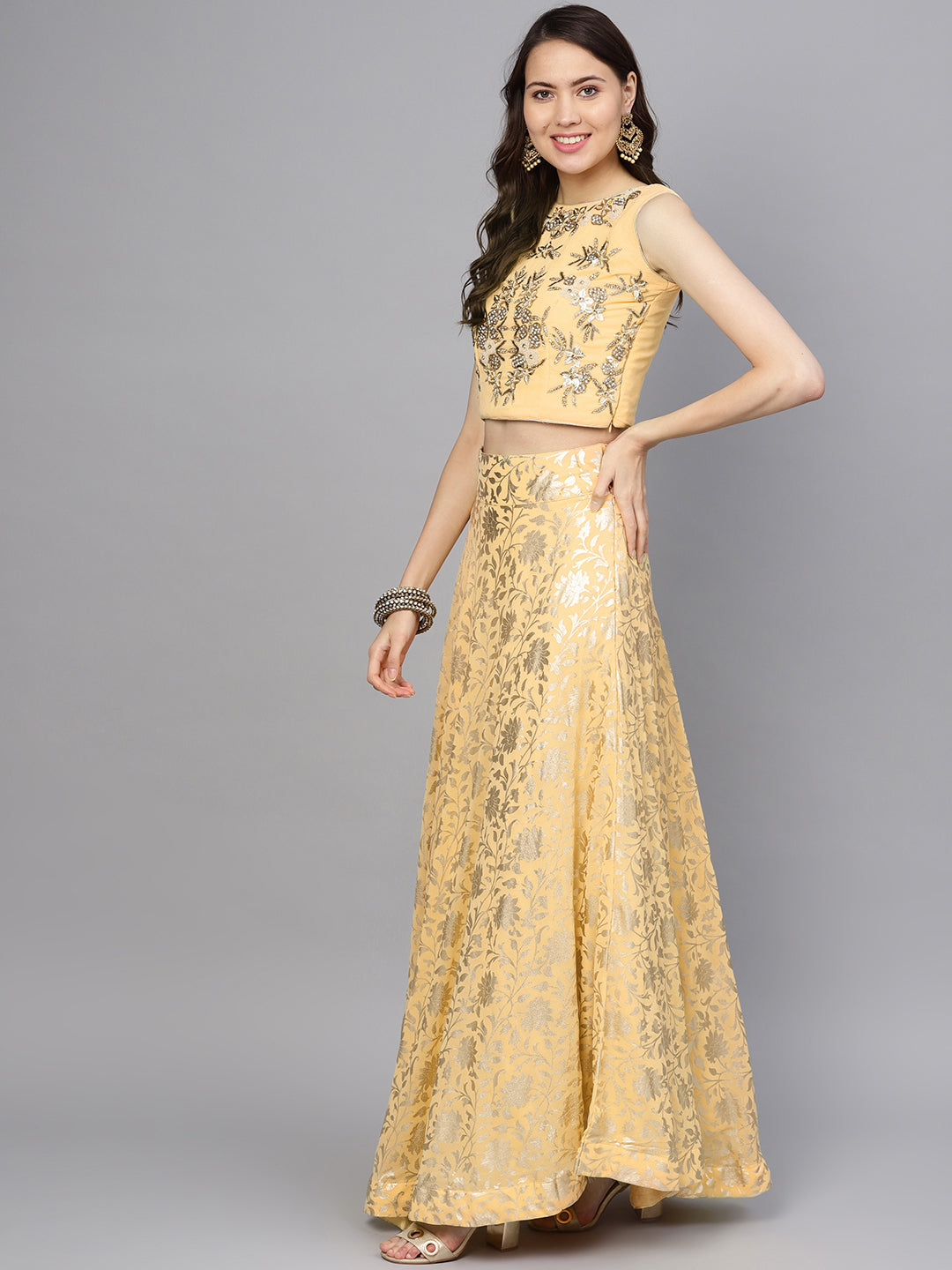 Pearl Embellished Crop Top with Foil Print Lehenga