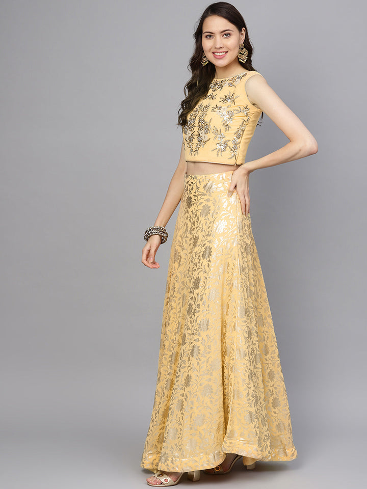 Pearl Embellished Crop Top with Foil Print Lehenga