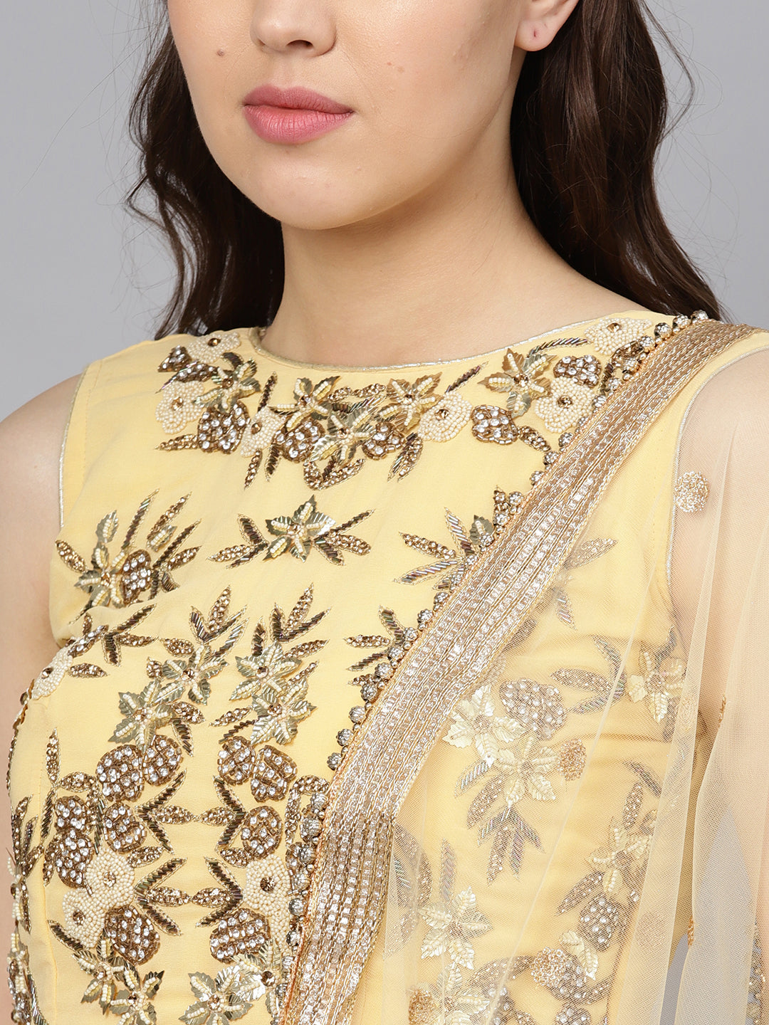 Pearl Embellished Crop Top with Foil Print Lehenga