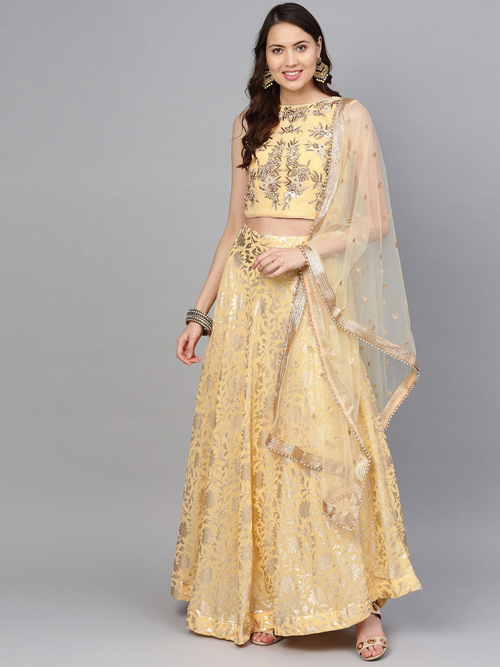 Pearl Embellished Crop Top with Foil Print Lehenga
