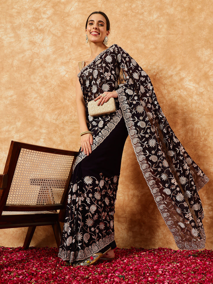Chhabra 555 Paisley Zari Embroidered Festive Jaal Georgette Saree With Cut-Work Embellished Border