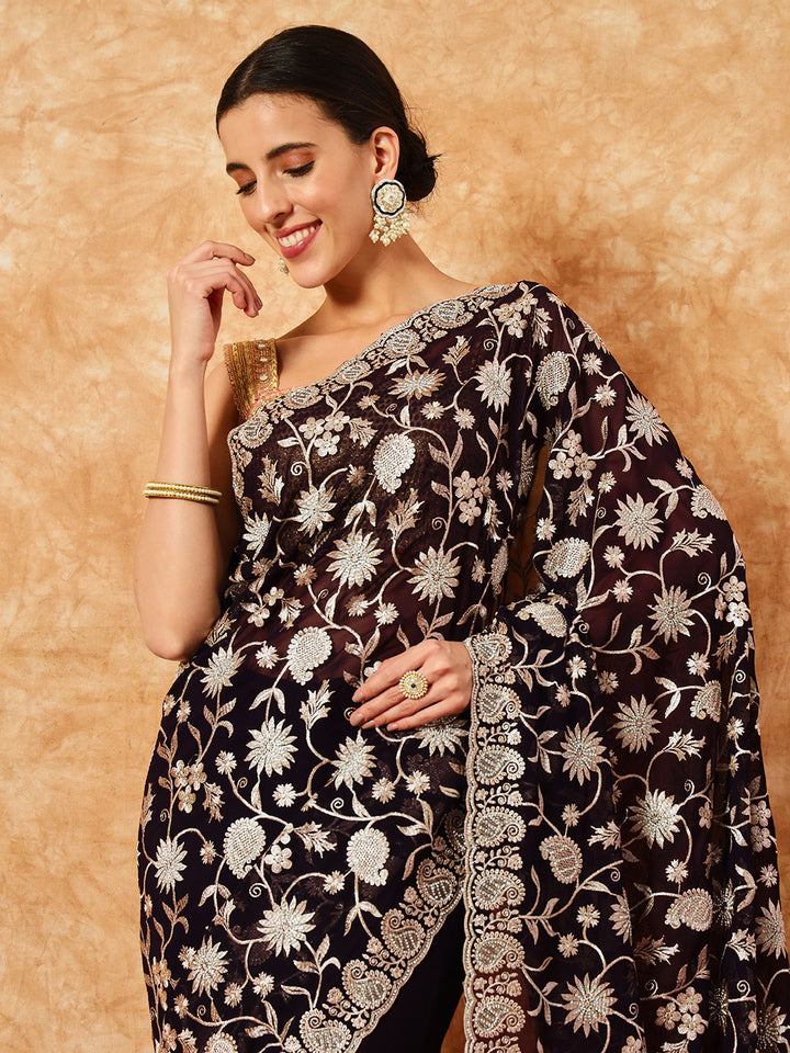 Paisley Zari Embroidered Festive Georgette Saree With Cut-Work Border