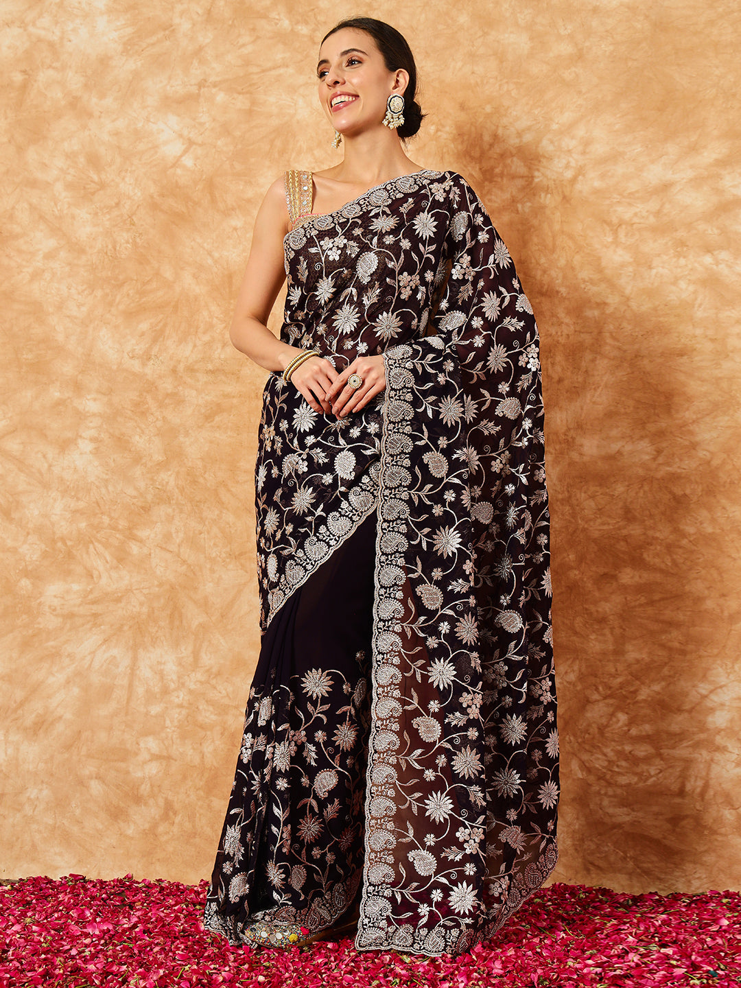 Paisley Zari Embroidered Festive Georgette Saree With Cut-Work Border