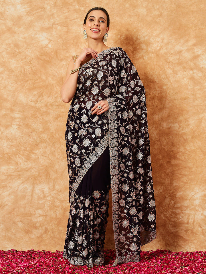 Paisley Zari Embroidered Festive Georgette Saree With Cut-Work Border