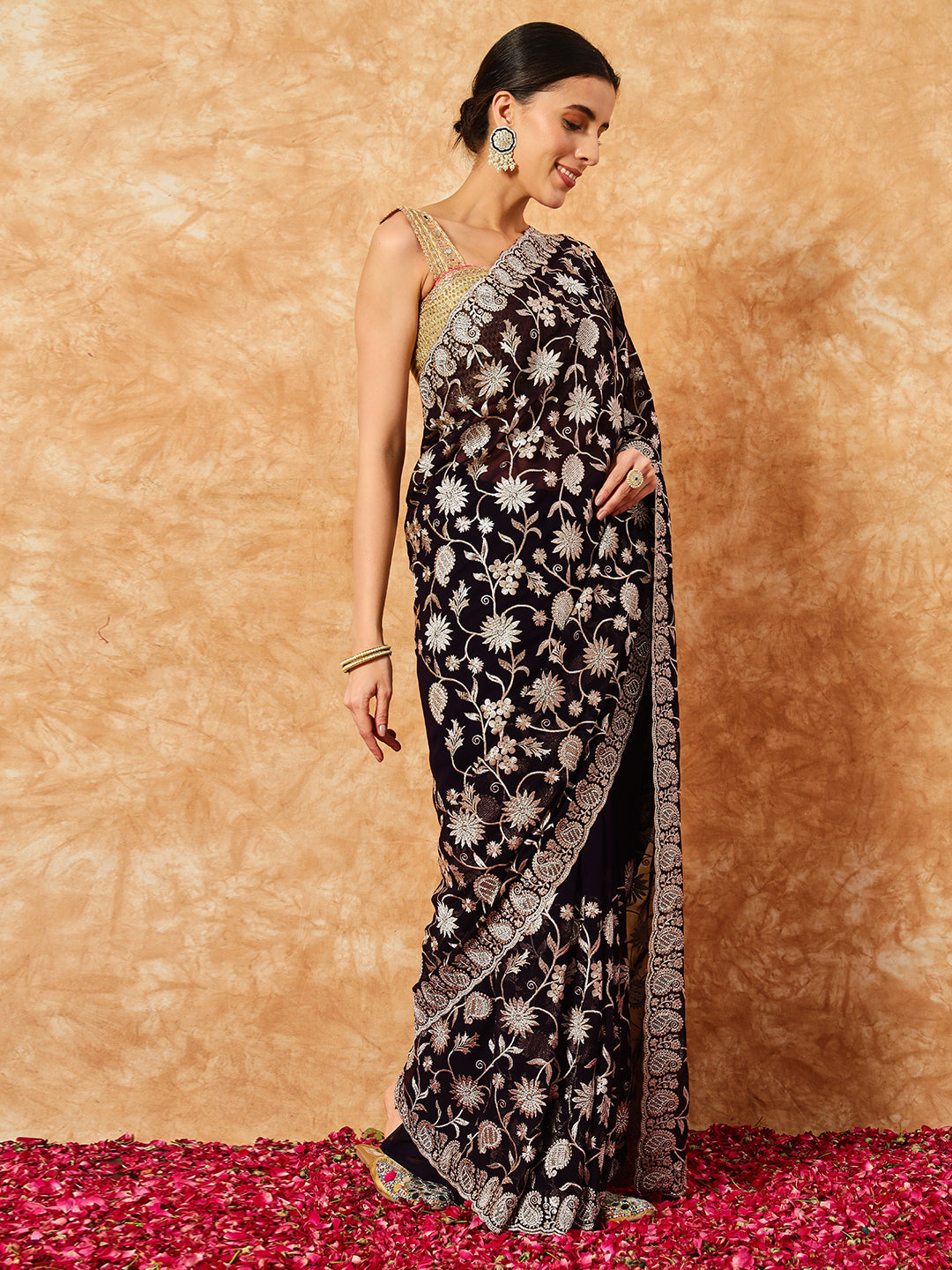 Paisley Zari Embroidered Festive Georgette Saree With Cut-Work Border