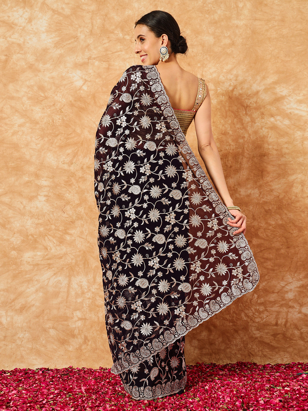Paisley Zari Embroidered Festive Georgette Saree With Cut-Work Border