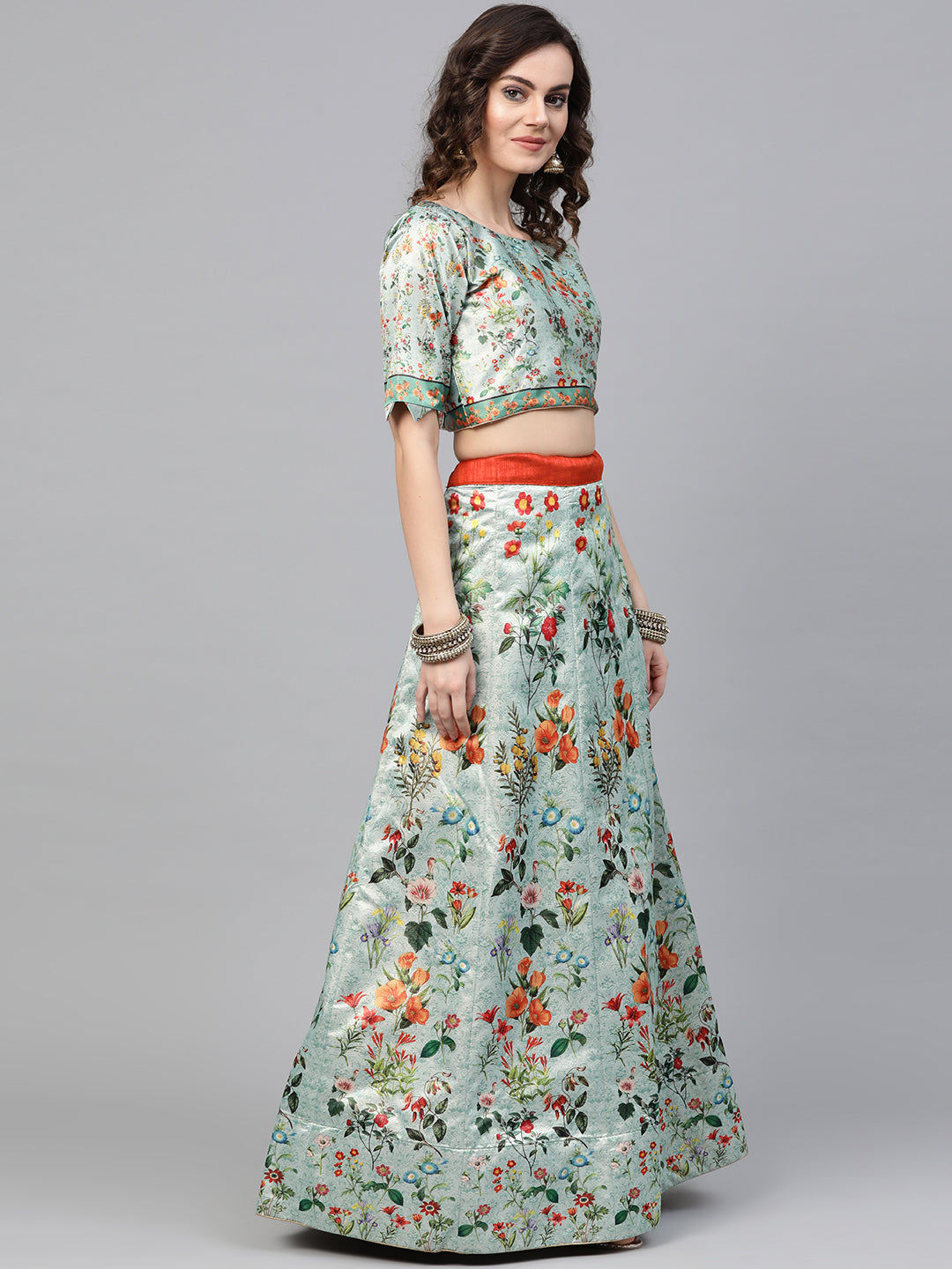 Digital Print Semi-stitched Lehenga with Floral Motifs