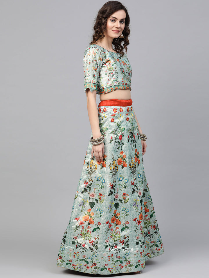 Digital Print Semi-stitched Lehenga with Floral Motifs