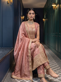 Silk Zari Embroidered Slit Kurta with Pant and Dupatta in Dusty Pink