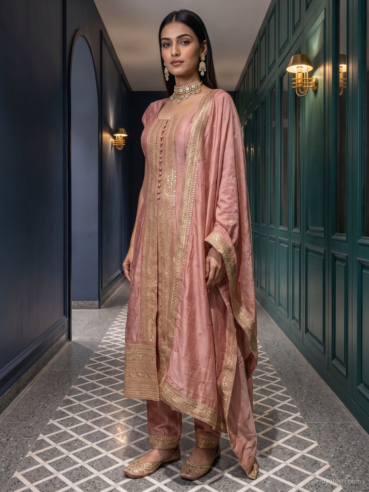 Silk Zari Embroidered Slit Kurta with Pant and Dupatta in Dusty Pink