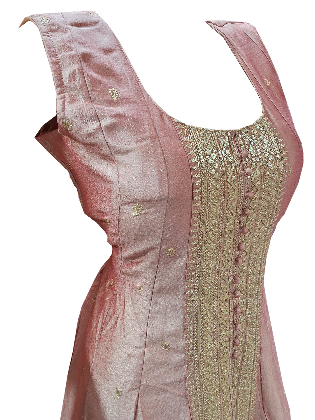 Silk Zari Embroidered Slit Kurta with Pant and Dupatta in Dusty Pink